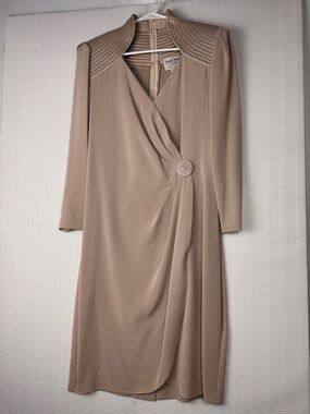 Vintage Daymor Couture Taupe Draped Dress Size 14 Elegant Cocktail Formal Midi